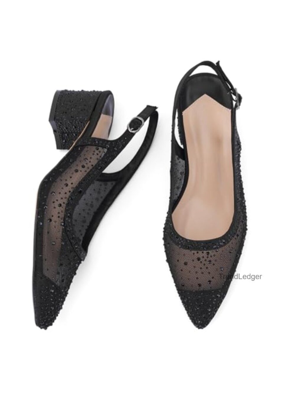 Mesh Slingback Block Heels Pointed Toe Rhinestone Pumps - Picture 4 of 6